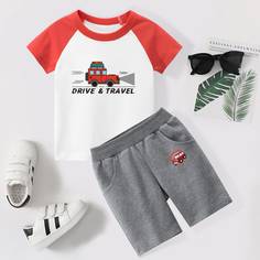 Шорты и футболка с принтом автомобилей для мальчиков Shein