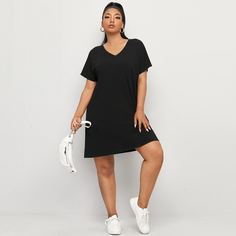Однотонное платье размера плюс с v-образным воротником Shein