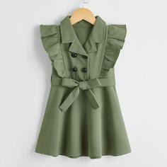 Двубортное платье с поясом и оборкой для девочек Shein