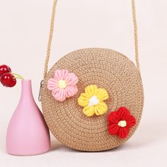 Соломенная круглая сумка с цветком для девочек Shein