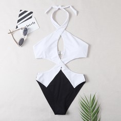 Двухцветный слитный купальник с разрезом Shein