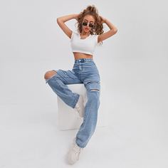 Рваные прямые джинсы с высокой талией Shein