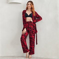 Пижама с принтом и поясом Shein