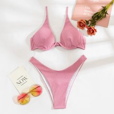 Бдлестящий купальник бикини с высоким вырезом на косточках Shein