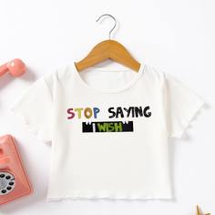 Волнистый край Лозунг Повседневный Футболки для девочек Shein