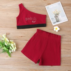 Шорты и топ на одно плечо с текстовой вышивкой для девочек Shein