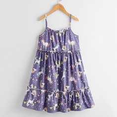 Платье на бретельках с принтом единорога для девочек Shein