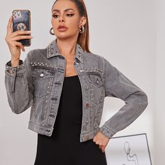 с бисером Одноцветный Повседневный Джинсовые куртки и пальто Shein
