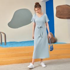 с поясом Одноцветный Повседневный Платье Shein