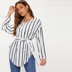 Пояс Полосатый Повседневный Блузы Shein