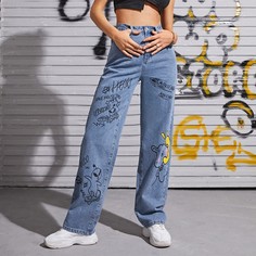 Прямые джинсы с мультипликационным рисунком и высокой талией Shein