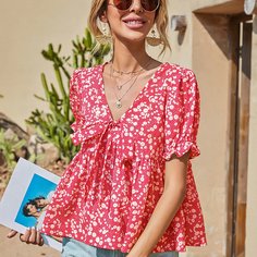 С оборками цветочный Бохо Блузы Shein