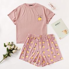 Пижама с карманом и принтом персикового цвета размера плюс Shein