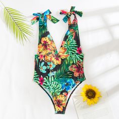 Слитный купальник с цветочным и тропическим узлом Shein