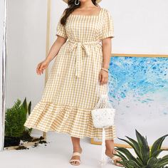 С оборками Клетчатый Повседневный Платья размер плюс Shein