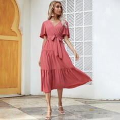 с поясом Одноцветный Повседневный Платье Shein