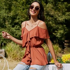 с оборками Одноцветный Бохо Блузы Shein