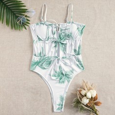Слитный купальник с узлом и принтом растений Shein