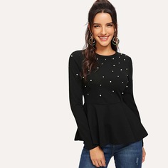 Однотонная Блуза С Баской И Бусинами Shein