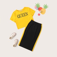 Топ с текстовым принтом и полосатая юбка для девочек Shein