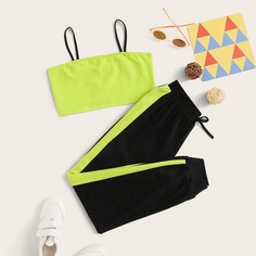 Майка цвета неонового лайма и спортивные брюки на кулиске для девочек Shein