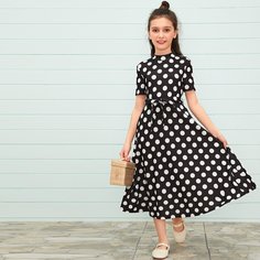 Платье в горошек с вырезом-стойкой и поясом для девочек Shein