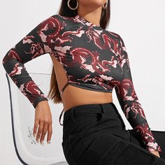 Короткая футболка с принтом китайского дракона Shein