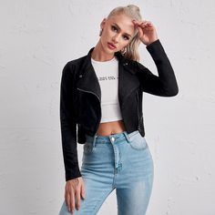 Однотонная короткая байкерская куртка на молнии Shein