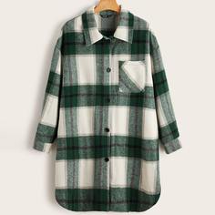 с карманами Клетка Повседневный Плюс размеры пальто Shein