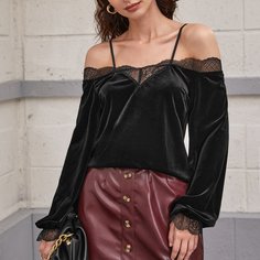 Бархатный топ с рукавами фонариками Shein