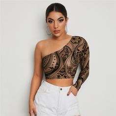 Сетчатый короткий топ на одно плечо Shein