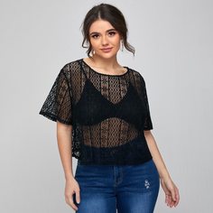 Прозрачный Одноцветный Сексуальный Женские топы размер плюс Shein