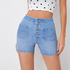 Карман Одноцветный Джинсовые шорты Shein