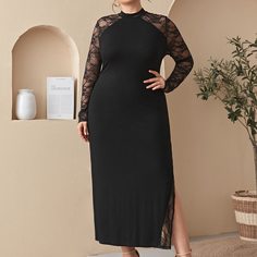 Платье размера плюс с рукавами реглан и кружевной отделкой Shein
