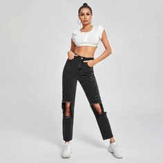 Рваные прямые джинсы с высокой талией Shein