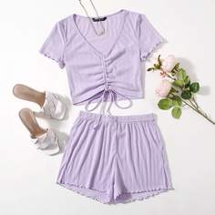 Короткая футболка со сборкой и шорты Shein