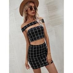 Топ с открытыми плечами в клетку и облегающая юбка Shein