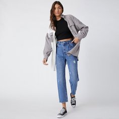 Рваные прямые джинсы с высокой талией Shein