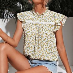 Топ с цветочным принтом и воротником-стойкой Shein