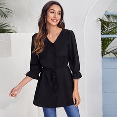 Пояс Одноцветный Повседневный Блузы Shein