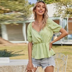 С оборками Одноцветный Бохо Блузы Shein