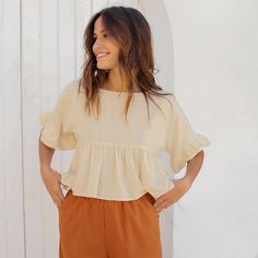 с оборками Одноцветный Бохо Блузы Shein