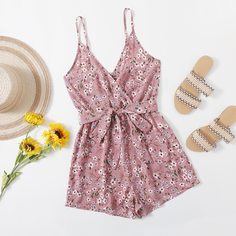 с поясом цветочный Бохо Комбинезоны Shein