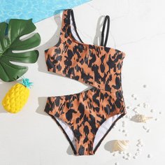 Слитный купальник с леопардовым рисунком для девочек Shein