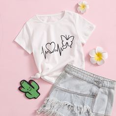 Футболка с принтом сердечка и бабочки для девочек Shein