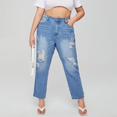 Разрезы Одноцветный Джинсы размер плюс Shein