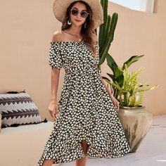 Платье с поясом, открытыми плечами и цветочным принтом Shein