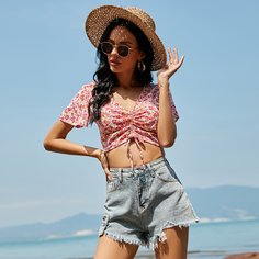 со сборками цветочный Бохо Блузы Shein