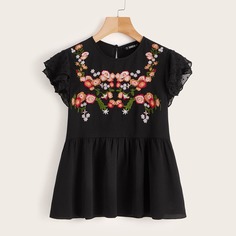 Блуза С Вышивкой И Оборками С Цветочным Принтом Shein