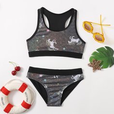 Контрастная отделка Полосатый Бохо Купальники для девочек Shein